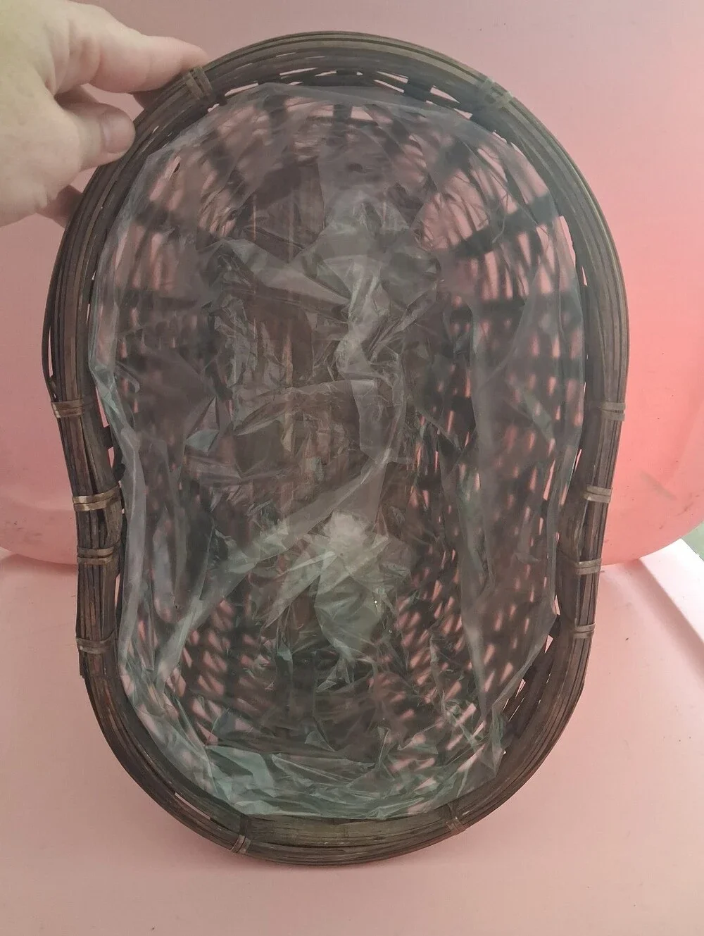 Peanut Shaped Basket Two Toned Woven Wicker Rattan With Liner Vintage